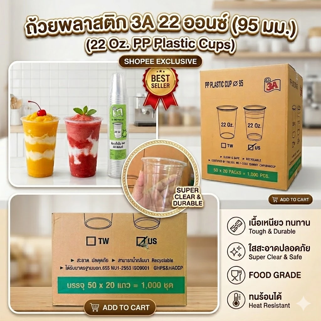 แก้ว 22 ออนซ์ ปาก 95 เรียบใส US ตรา 3A : จำหน่าย 500 ใบ ครึ่งลัง และ 1000 ใบ ยกลัง