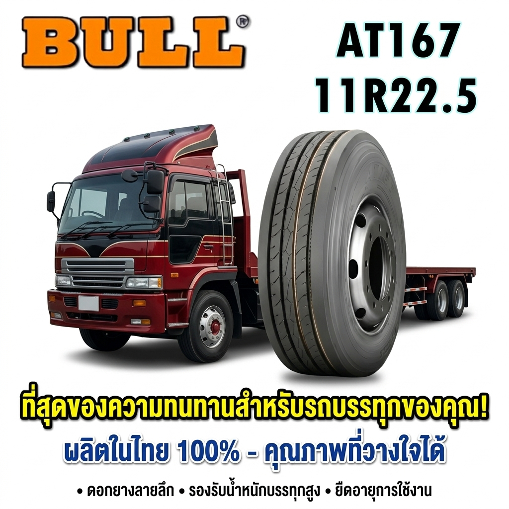 ยางรถบรรทุก เรเดียล ขนาด 11R22.5 รุ่น AT167 (ดอกเรียบ) ยี่ห้อ BULL (Made in Thailand)