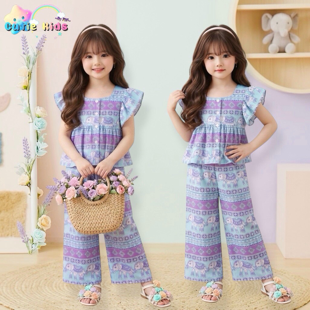 ชุดเซ็ตช้างผ้าเรย่อน ใส่สบาย ชุดลายช้างเข้าเซ็ต ป้าย Cite Kids [พร้อมส่ง]