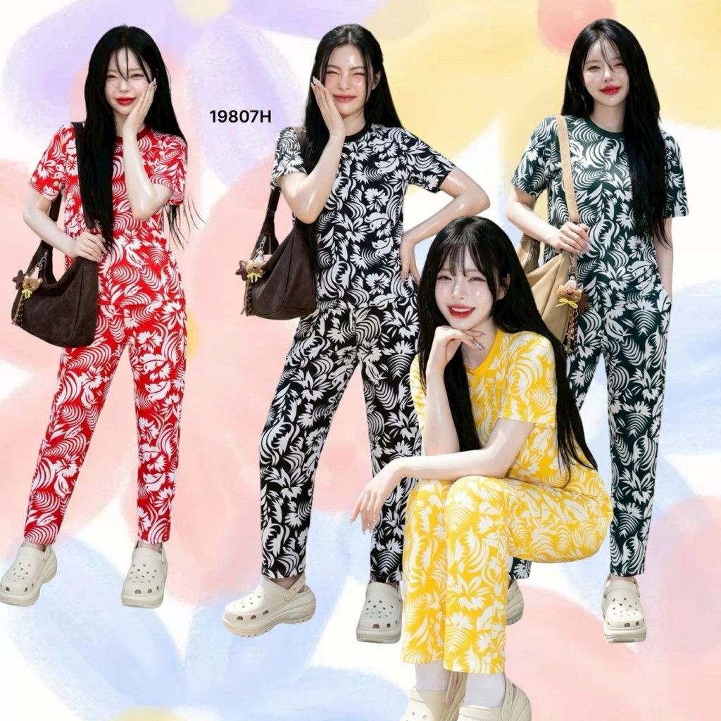 TT19807 Set 2 ชิ้น เสื้อคอกลมแขนสั้น+กางเกงขายาว ลายใบไม้