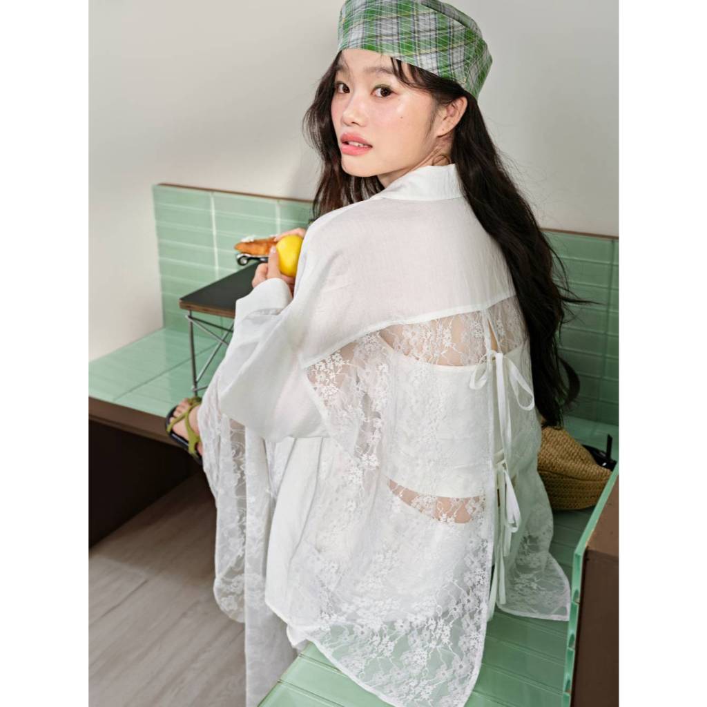 [Preorder] KUOSE : Sheer Lace Back Blouse