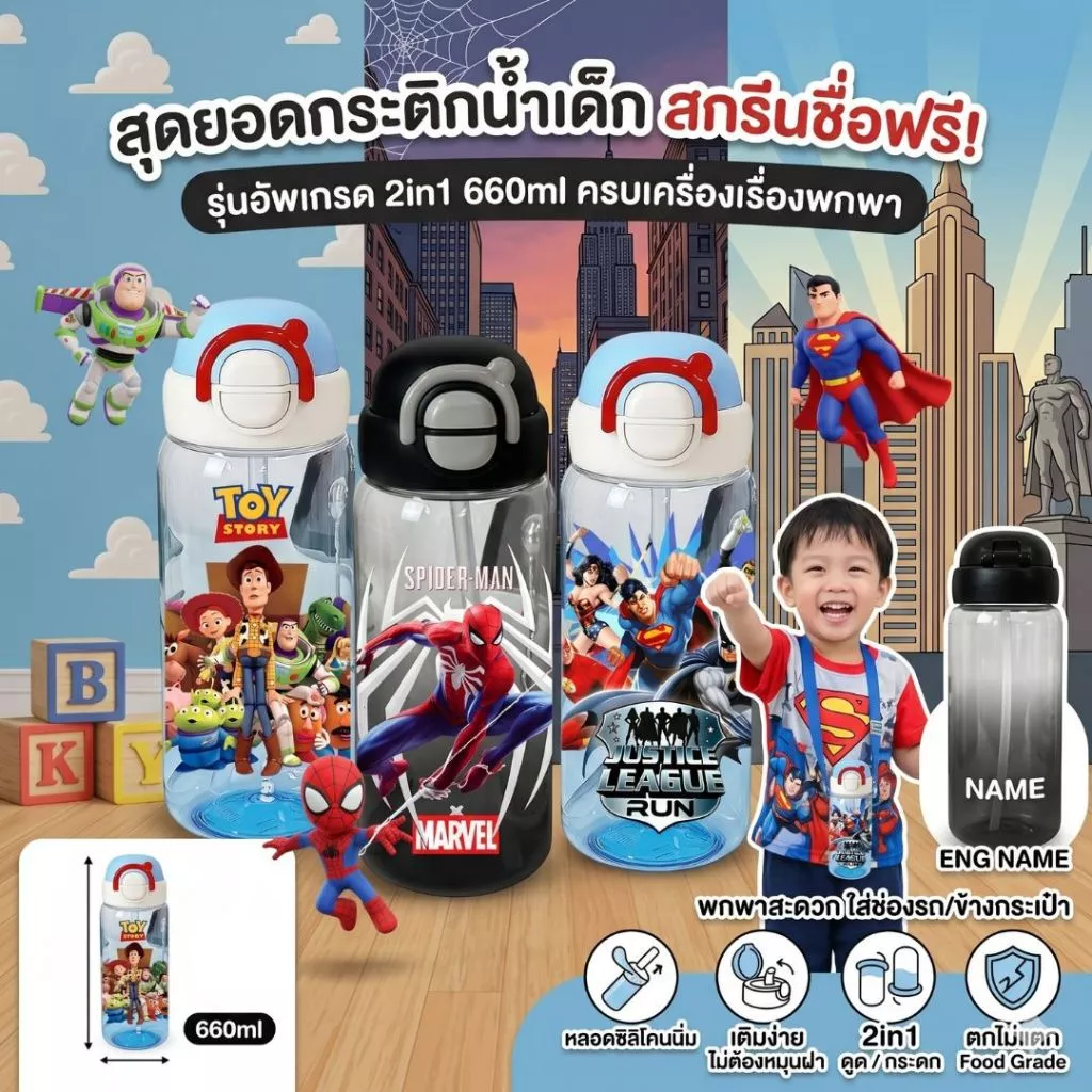 กระบอกน้ำเด็กรุ่นอัพเกรด 2in1 (ติดชื่อฟรี) ขวดน้ำ กระติกน้ำ ดูดได้/กระดกได้ หลอดกดกระเด้ง เอาหลอดออกได้ 600ml
