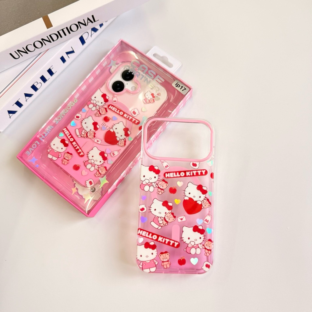Popphone IP17promax SamsangS24U S23U S25U เคสใสไลสี kitty รองรับแม่เหล็กชาร์จ for 15 13promax 14pm 15pm 16pm 17