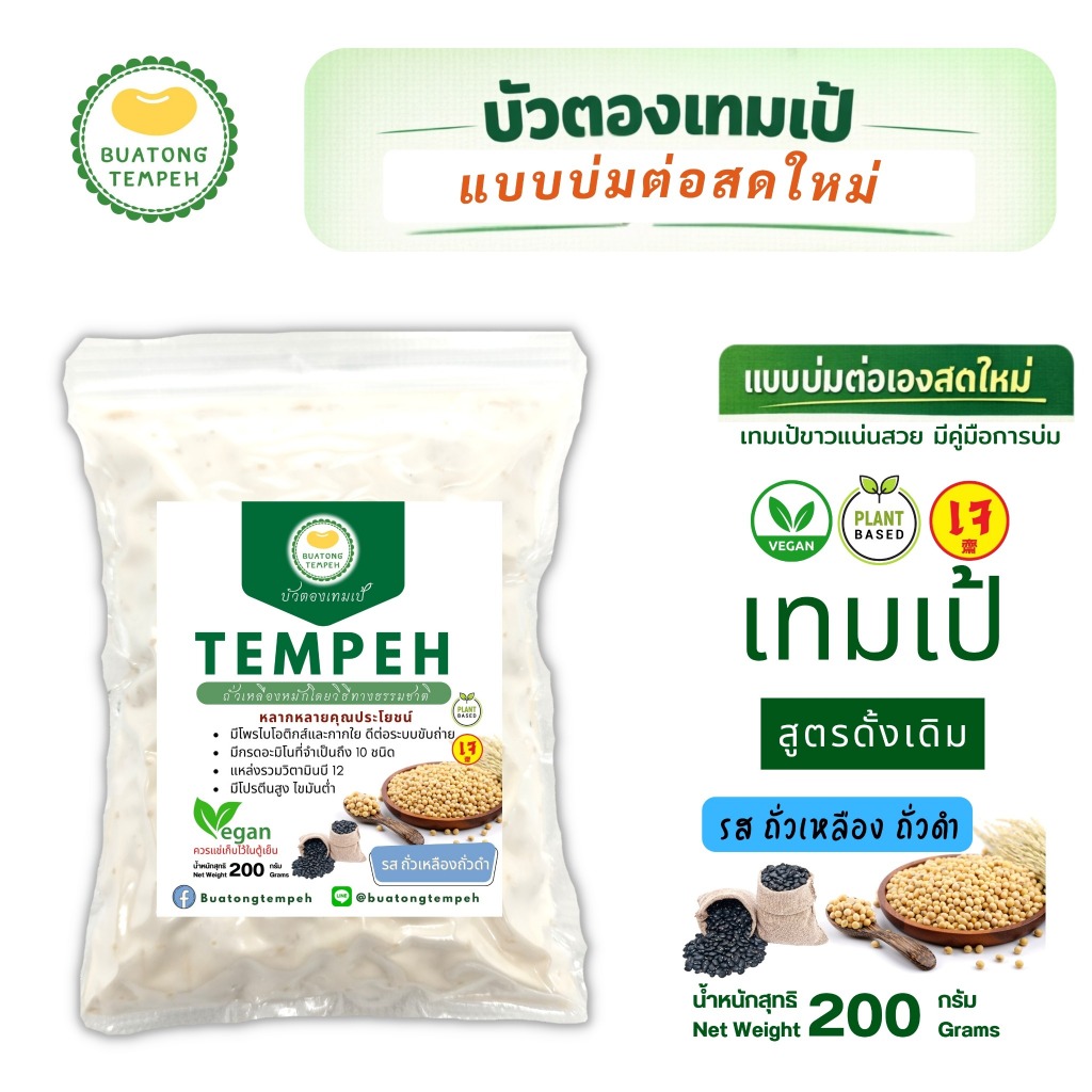 เทมเป้สด รสถั่วเหลือง ถั่วดำ Tempeh Fresh เจมังสวิรัติ รสชาติดั้งเดิม 200g
