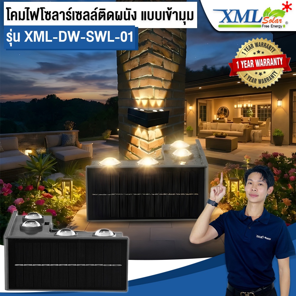 โคมไฟโซลาร์เซลล์ติดผนัง แบบเข้ามุม (Corner Solar Wall Light)  รุ่น XML-DW-SWL-01