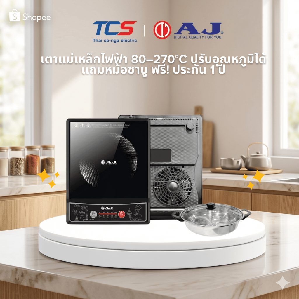 AJ IN-1300 เตาแม่เหล็กไฟฟ้า 80–270°C ปรับอุณหภูมิได้ แถมหม้อชาบู ฟรี! ประกัน 1 ปี