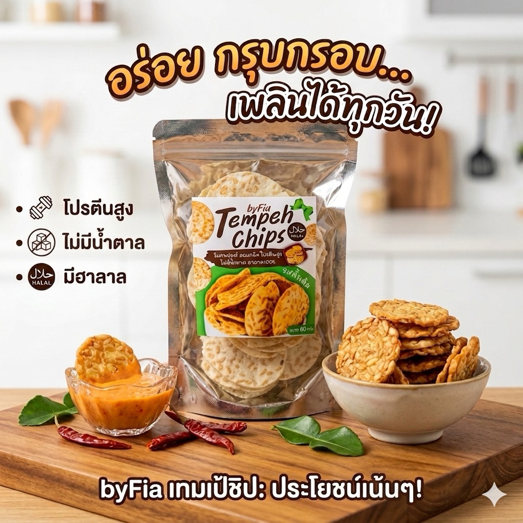 เทมเป้ทอดกรอบ kerepik  tempeh อร่อยทานเพลินได้โปรตีน60กรัมฮาลาล100%