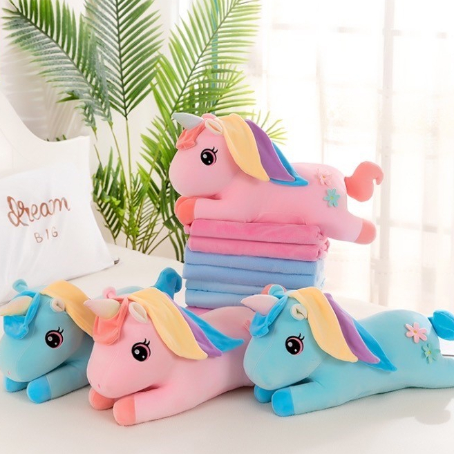 หมอนผ้าห่ม ตุุ๊กตา ยูนิคอร์น ขนแกะปะการัง หมอน+ผ้าห่มม้าโพนี่  ขนาด100*150 cm. พกพก เดินทาง
