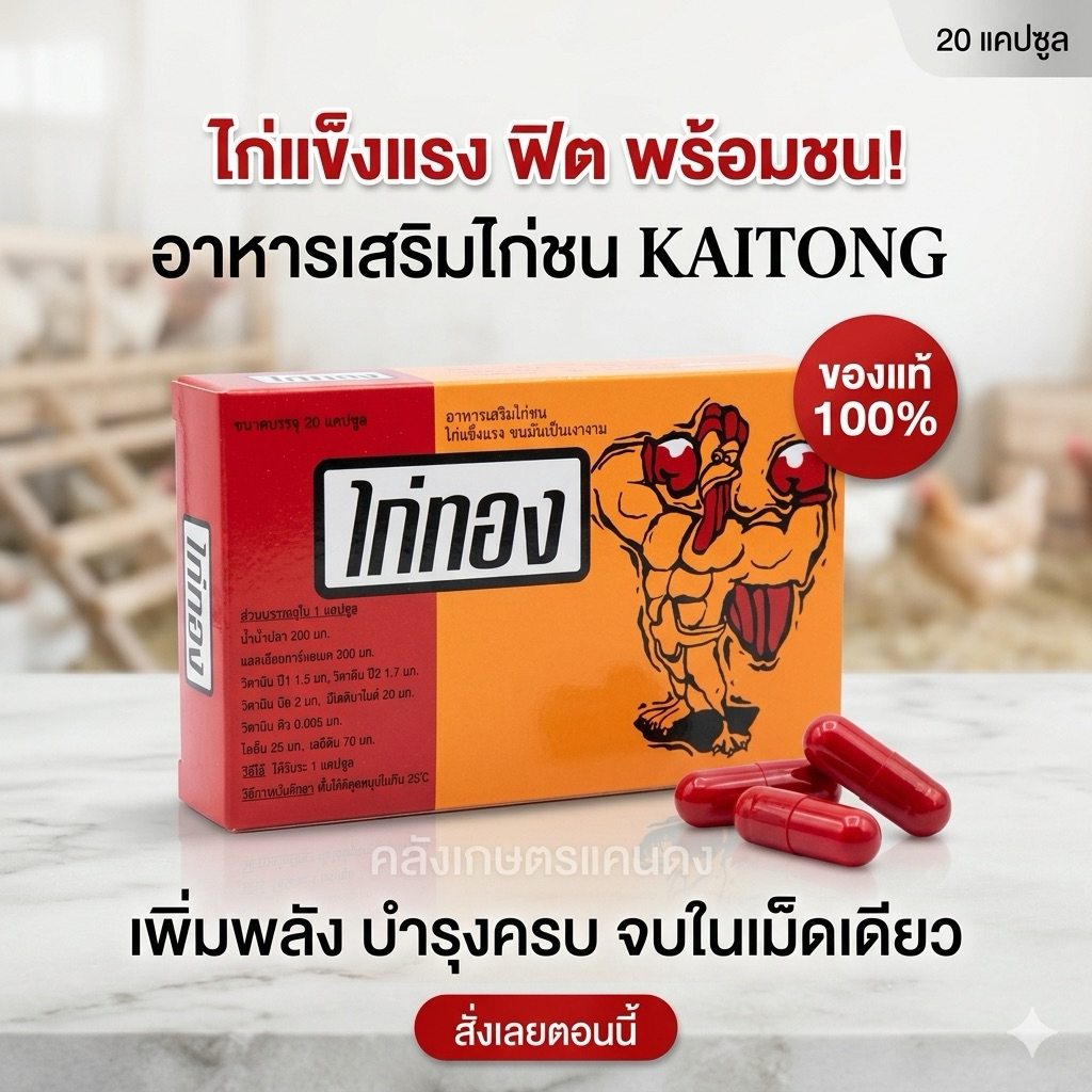 อาหารบำรุงไก่ชน ไก่ทอง KAITONG น้ำมันตับปลา วิตามินรวม ขนเงางาม สุขภาพแข็งแรง บรรจุ 20 เม็ด รับประกันคุณภาพ100%