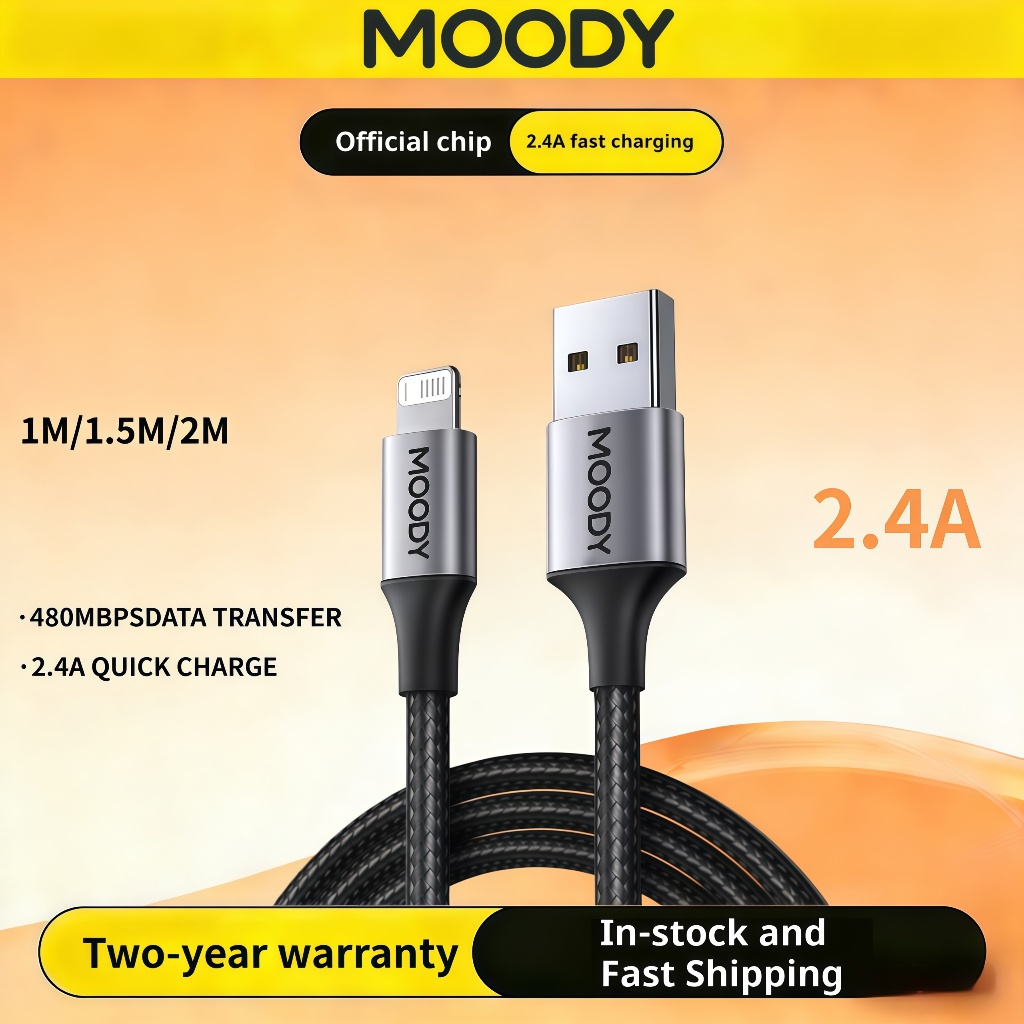 MOODY USB A ชาร์จเร็ว 2.4A Cable Fast Charging Alu Nylon สำหรับ iPhone14 13 12 8 Xs Max XR 7