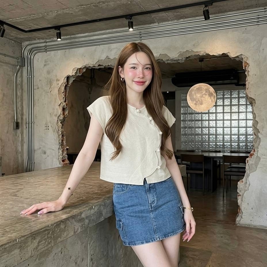 LANNATHAI - เสื้อคอกลมกระดุมสาน เสื้อผู้หญิง ผ้าฝ้ายเนื้อนุ่ม - รุ่นทองกวาว