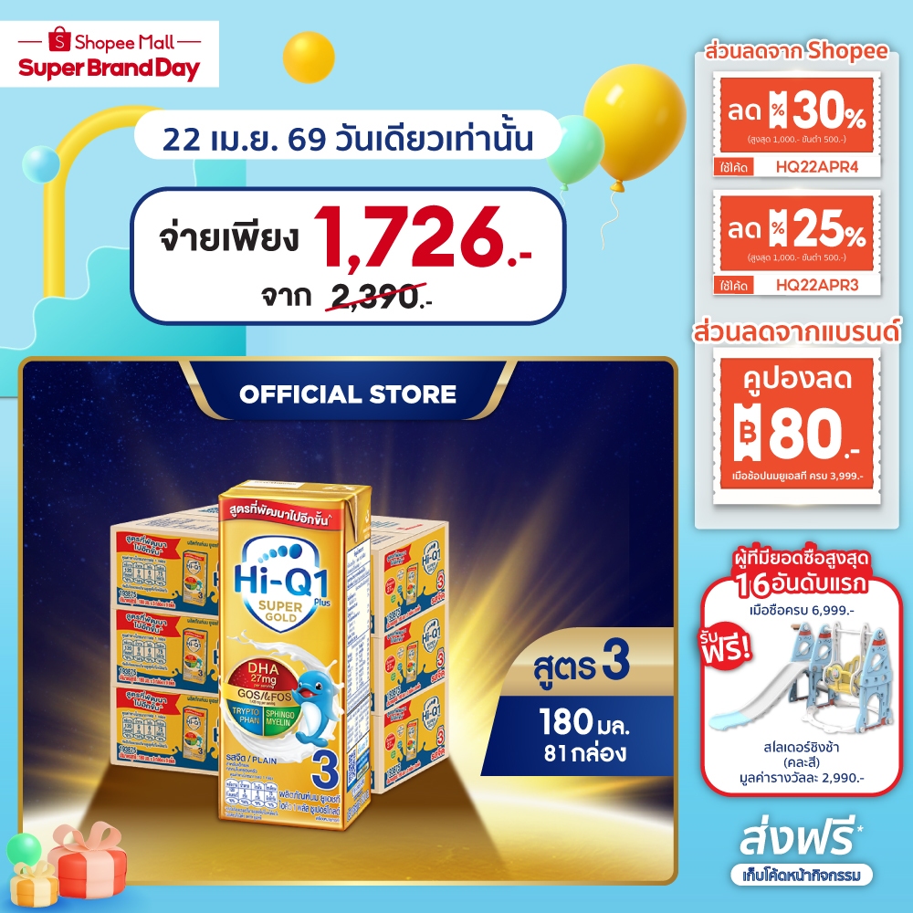 นมกล่อง ยกลัง x3ลัง นมยูเอชที นมไฮคิวสูตร3 1พลัส ซูเปอร์โกลด์ รสจืด180 มล (81 กล่อง) นม UHT HiQ Super Gold UHT