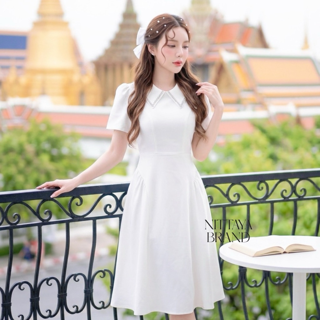 [NITTAYA] D2863 ชุดเดรสกระโปรงคอปกแขนสั้นแต่งไข่มุกดีเทลช่วงเอวสวยหรูลุคคุณใส่ออกงาน ดินเนอร์ ออกเดท