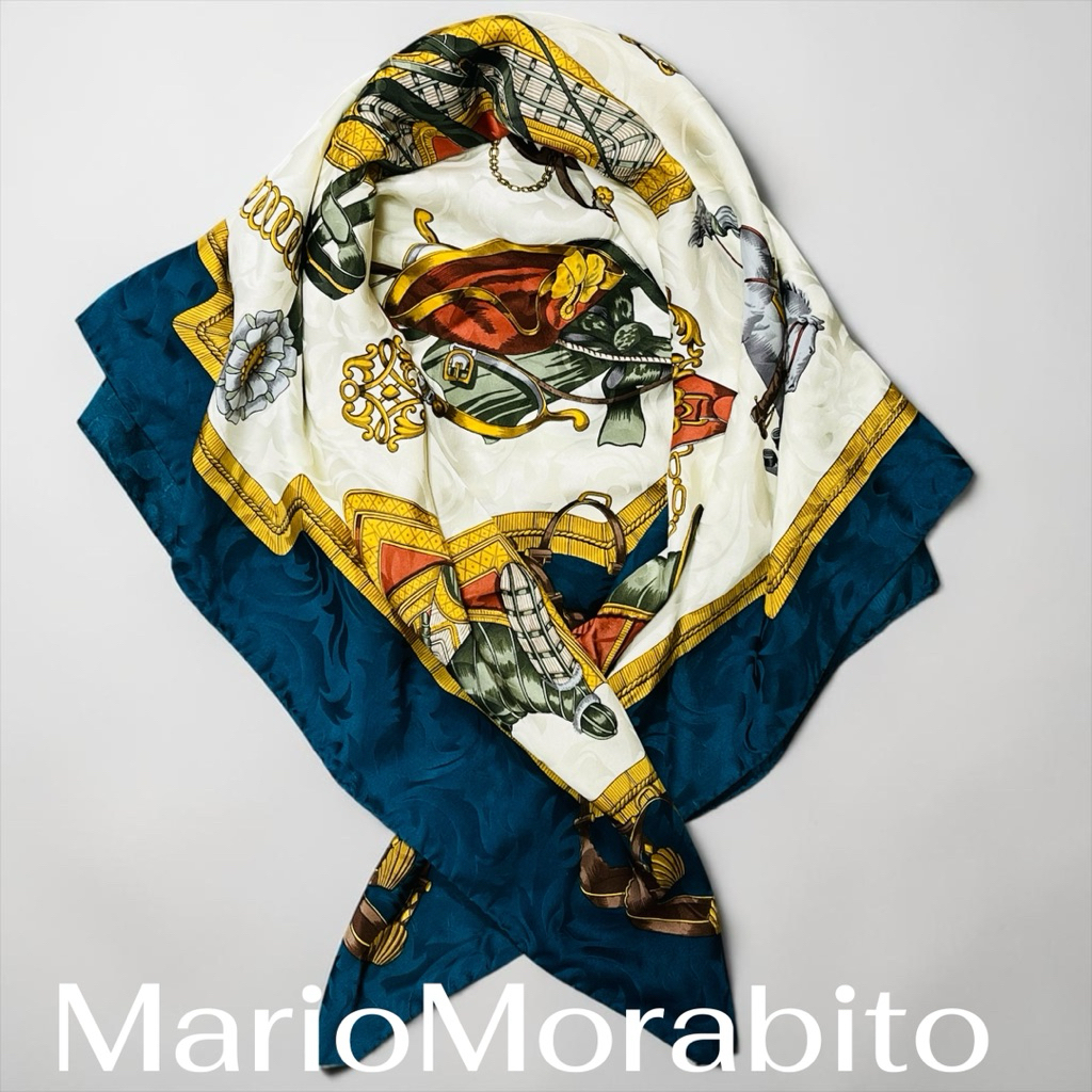 Mario Morabito Silk Scarf Navy Gold Horse Pattern Elegant Classic Italy