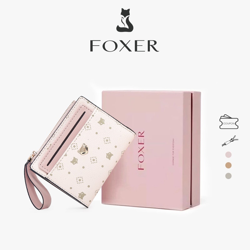 FOXER กระเป๋าสตางค์ใบสั้นสำหรับผู้หญิง ที่ใส่บัตรลายสุนัขจิ้งจอก กระเป๋าใส่เหรียญพิมพ์ลาย