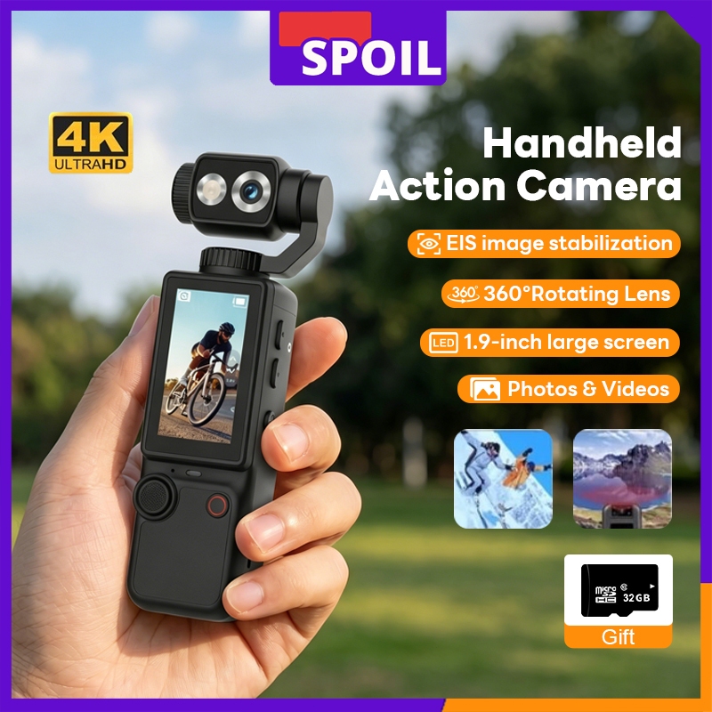Spoil กล้องพ็อกเก็ต Gimbal 4K สำหรับ Vlog กันสั่น กล้องหมุนได้ 180° มีไฟเติมแสง