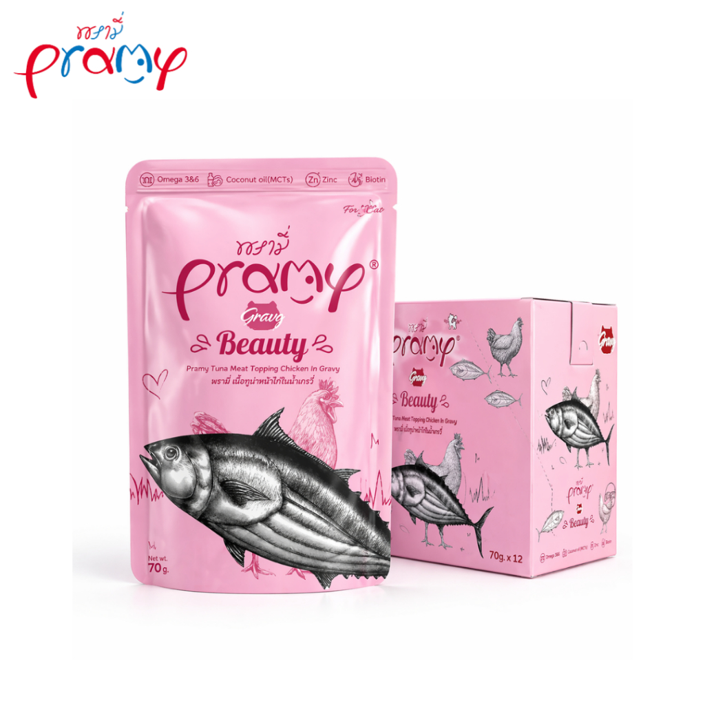 Pramy in Gravy 70g อาหารเปียกแมว แมวโต เกรวี่ 12ซอง สำหรับแมว2เดือนขึ้นไป Petus Kingkaew