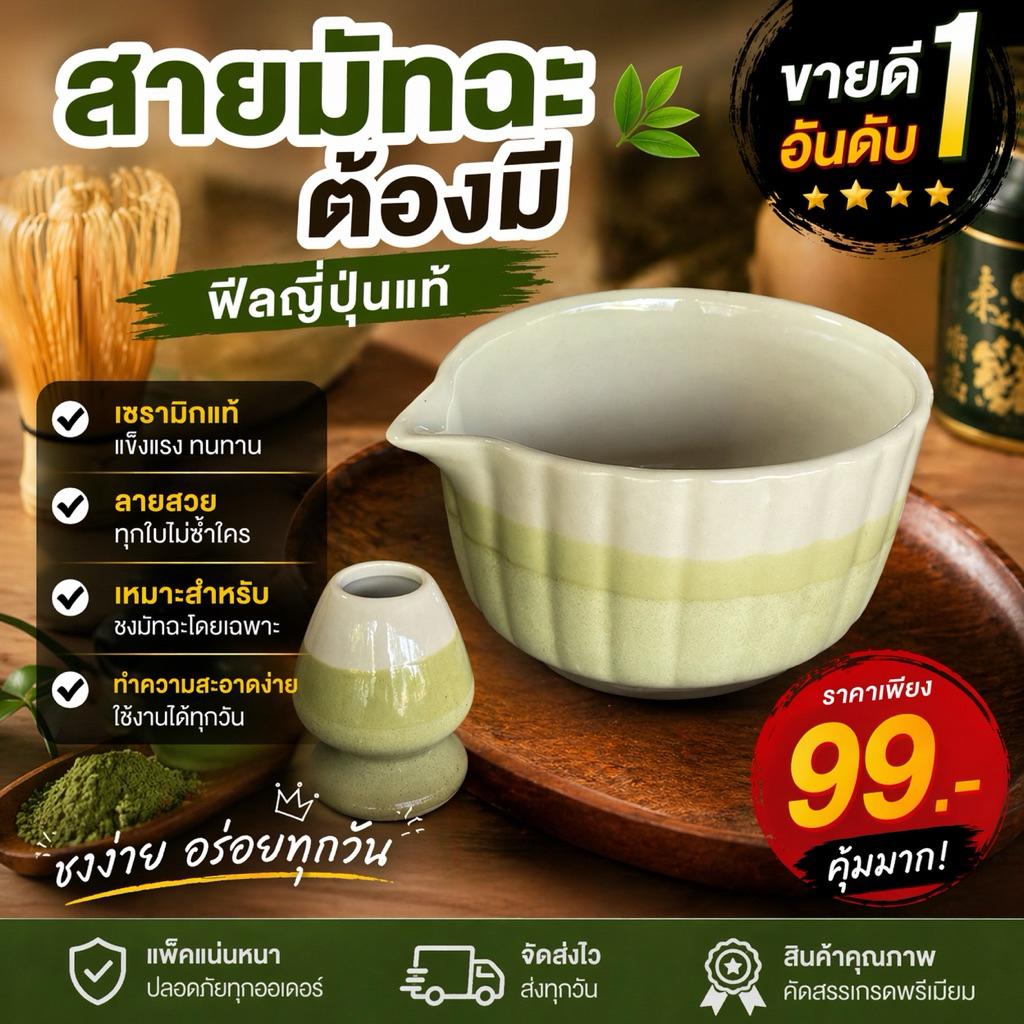 ถ้วยมัทฉะเซรามิก : สำหรับชงมัทฉะ กว้าง 5 นิ้ว