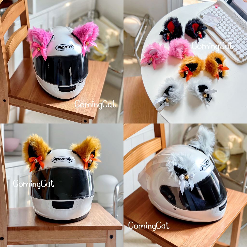 หูแมวติดหมวกกันน๊อค ขนฟู/โบว์ไซส์เล็ก [พร้อมส่ง] ใช้กาว 3M สำหรับติดรถ