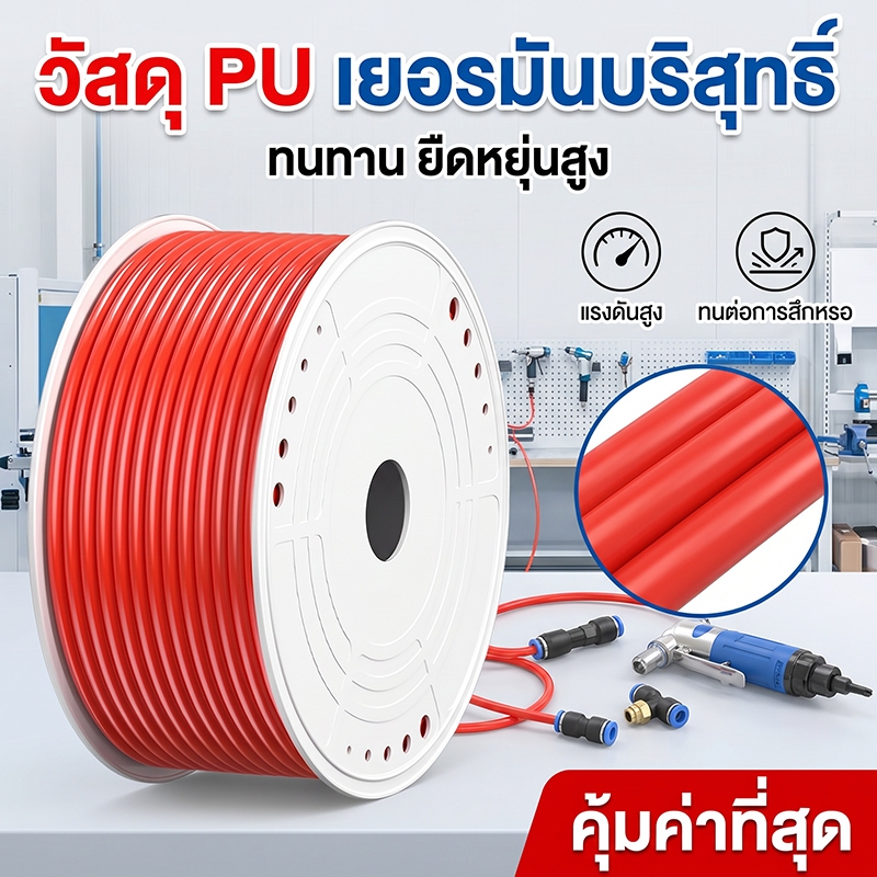 ท่อ PU สายลมคุณภาพดี หลายขนาด 4  8 10 มม. ใช้กับปั๊มลม คอมเพรสเซอร์ ความยาว 100 เมตร