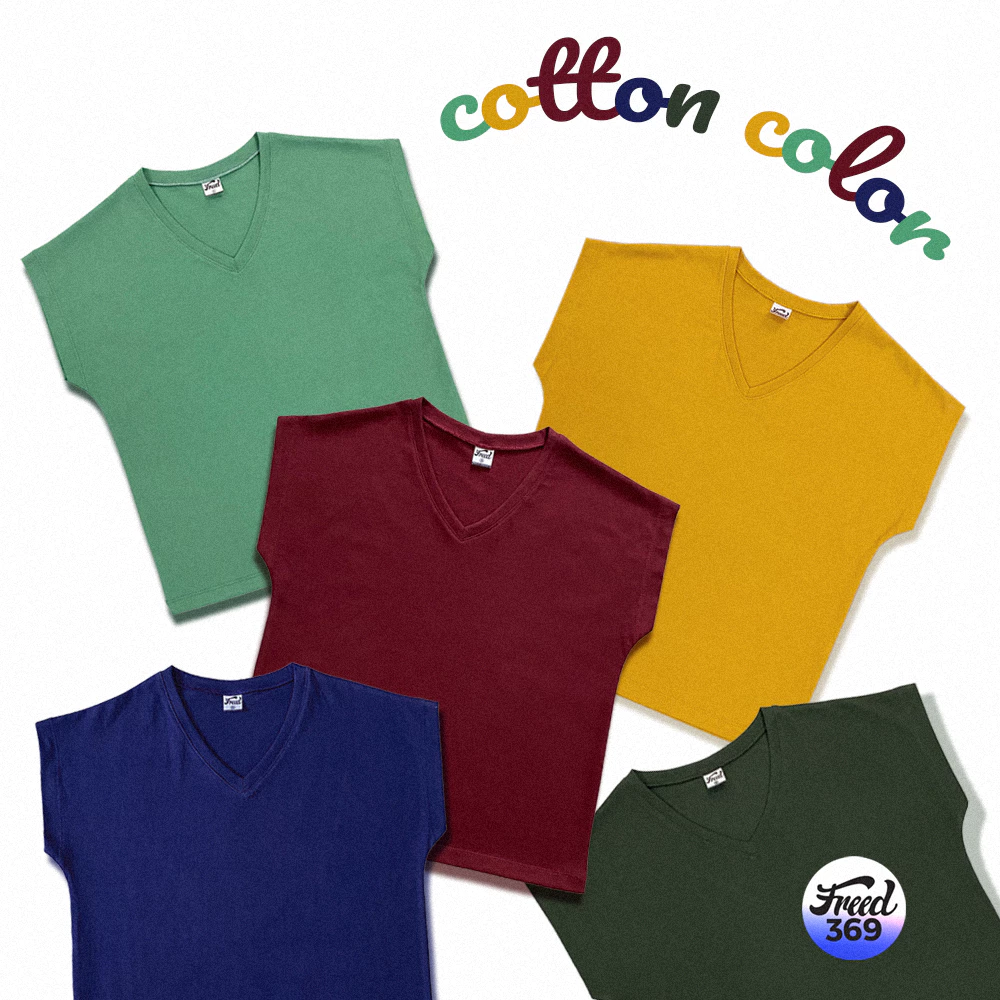 FREED เสื้อยืดทรงผู้หญิงแขนเลย คอวี เนื้อผ้าคอตตอนสีพื้น และ พิมพ์ลาย ใส่สบาย