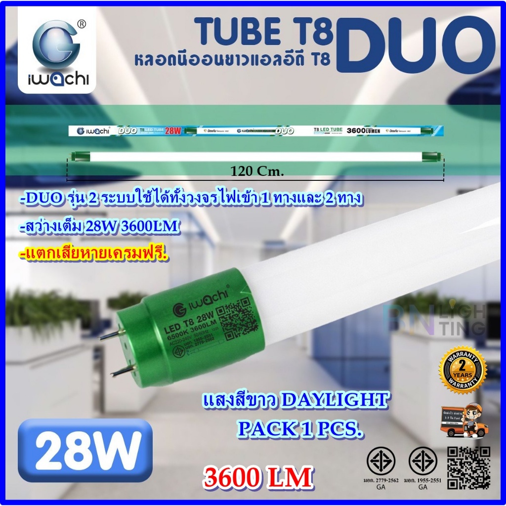 IWACHI หลอดไฟนีออน LED T8 28 รุ่นDUO หลอดLEDยาว หลอดไฟยาว หลอดประหยัดไฟ LED สำนักงาน ออฟฟิต โรงเรียน