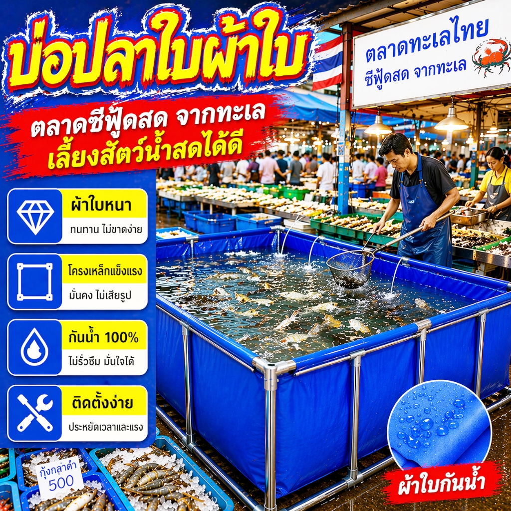 [รวมโครง] บ่อเลี้ยงปลาผ้าใบพีวีซีพร้อมโครงเหล็กชุบสังกะสี ใช้ผ้าใบหนา มีหลายขนาดให้เลือก เหมาะสำหรับการเลี้ยงปลาสด