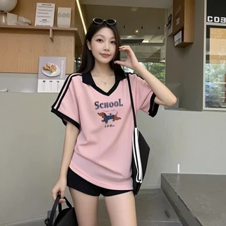 เสื้อปกทรงสเก็ตสวยๆผู้หญิงแฟชั่นมาใหม่ oversize เสื้อผ้าสาวอวบไซส์ใหญ่น่ารัก เสื้อยืดคอวีทรงหลวมสไตล์เกาหลี preppy style