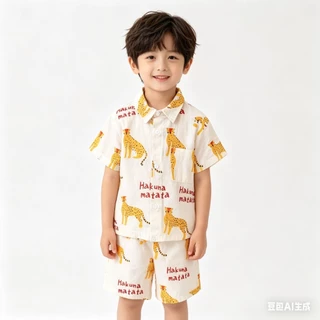MC034 ชุดเซ็ต เสื้อเชิ้ตแขนสั้น + กางเกงขาสั้น พิมพ์ลายเสื้อ แฟชั่นฤดูร้อน สําหรับเด็กผู้ชาย Songkran
