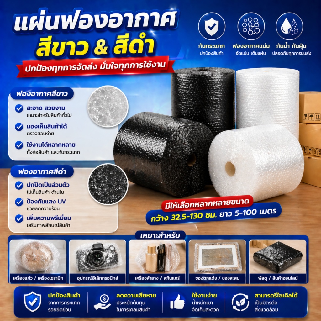 บับเบิ้ลกันกระแทก Bubble Wrap กันกระแทก ฟองแน่น ไม่แตกง่าย เหมาะสำหรับร้านค้าออนไลน์ มีหลายขนาด