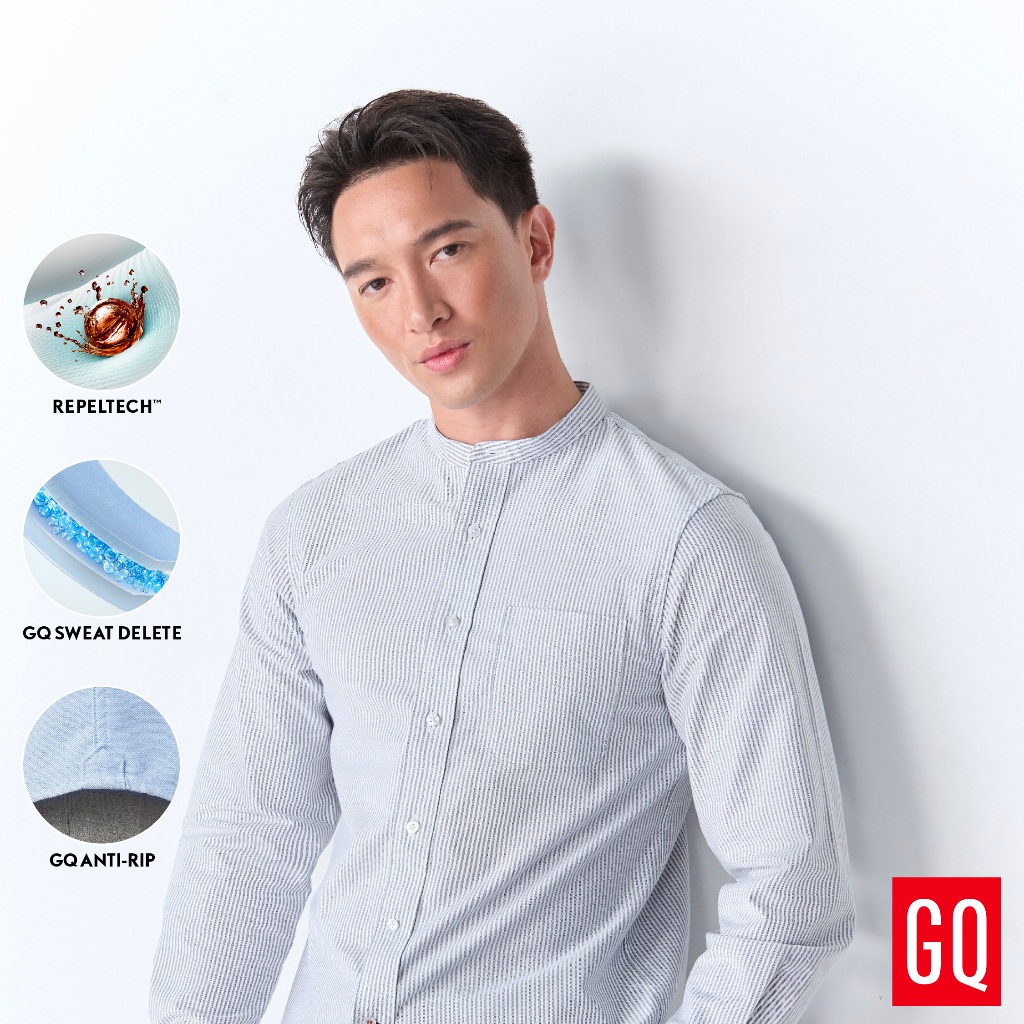 GQ Perfect Oxford™ Shirt - Mandarin Collar Grey เสื้อเชิ้ตคอจีนลุคใหม่ กว้างขึ้น สบายกว่า สีเทา