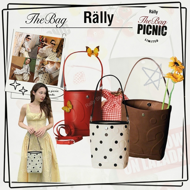 [พร้อมส่ง!]❤️‍🔥💯Rally The Bag Whisper Picnic Bucket Bag กระเป๋าหนังแท้ทรงบักเก็ต ลายโลโก้สวย สะพายข้