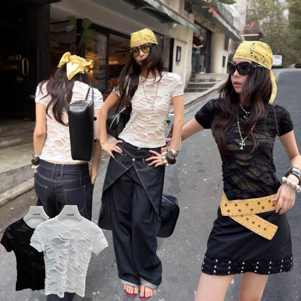 ส่งด่วน 🛵 26T203 MMFISH RIPPED TOP เสื้อแขนสั้น ดีเทลแต่งขาดทั้งตัว