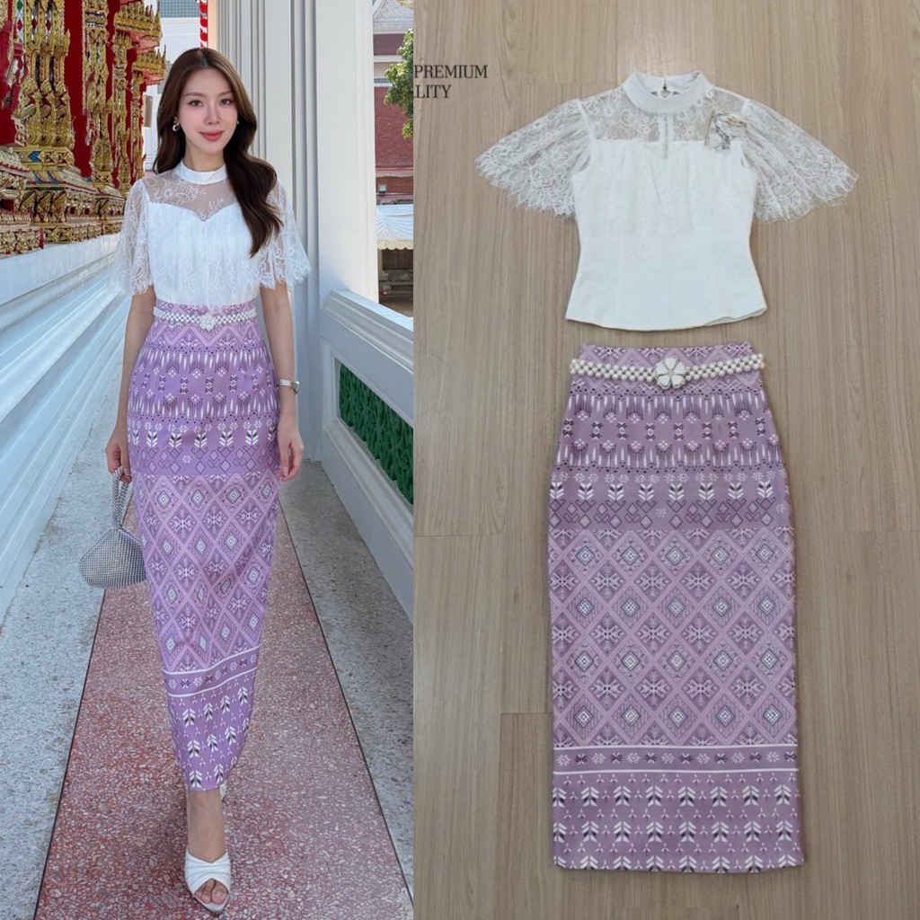 🏷️ABIGAIL Set เสื้อลูกไม้แขนสั้นแต่งระบาย มาพร้อมผ้าถุงสำเร็จ ชุดไทย ชุดผ้าไทย ทำบุญ ตักบาตร