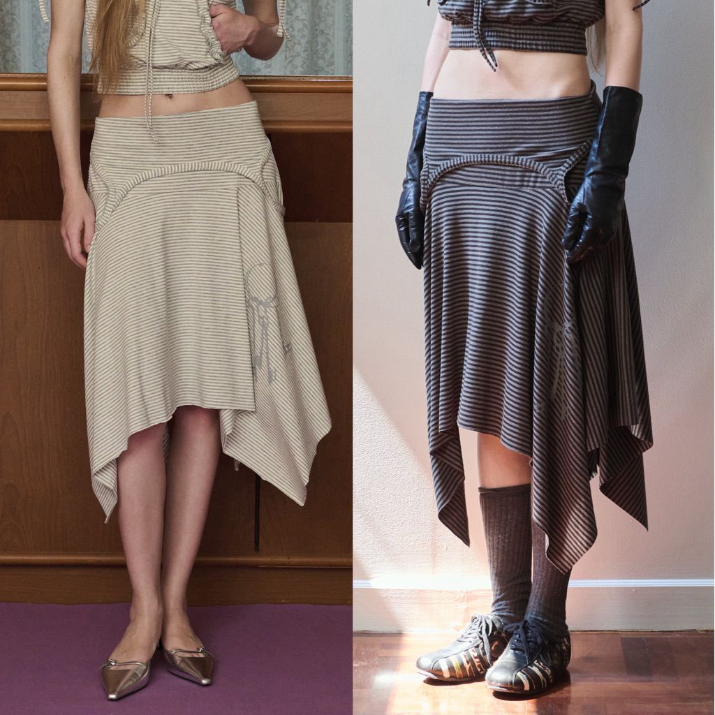 (Pre-Oder Ship 10 Oct) COUTHY STUDIO - Key Striped Skirt กระโปรงทรงพริ้วชายเฉียง