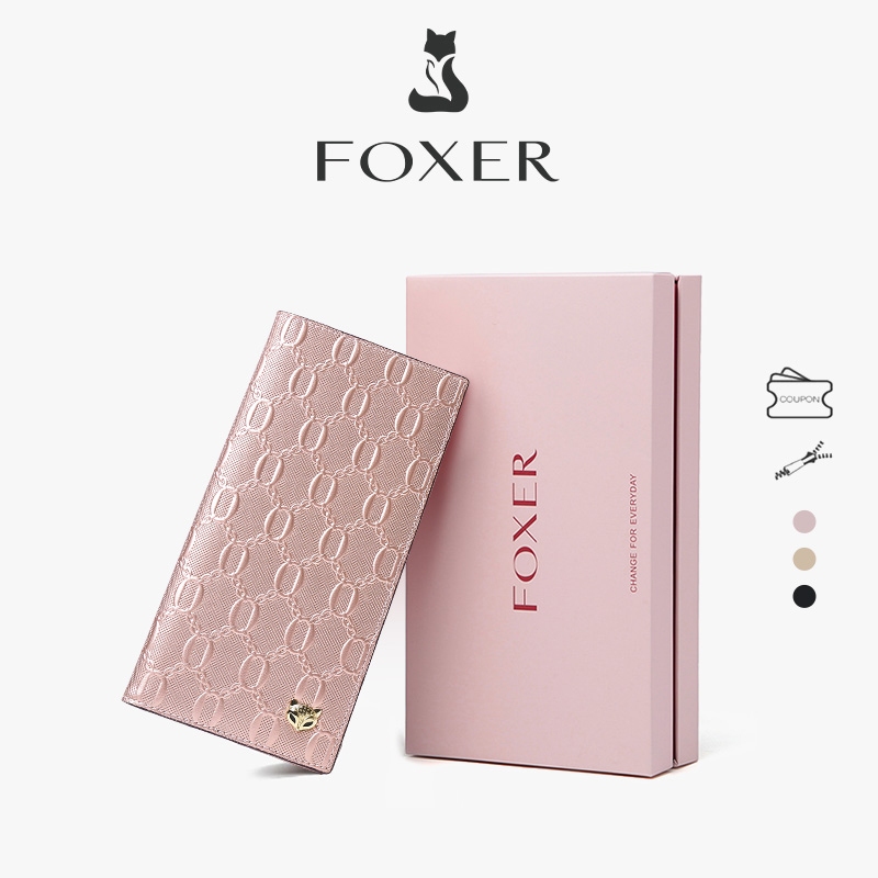 FOXER กระเป๋าสตางค์ยาว กระเป๋าสตางค์หนัง ที่ใส่บัตร ที่ใส่บัตรเครดิตแบบพับได้ กระเป๋าคลัทช์