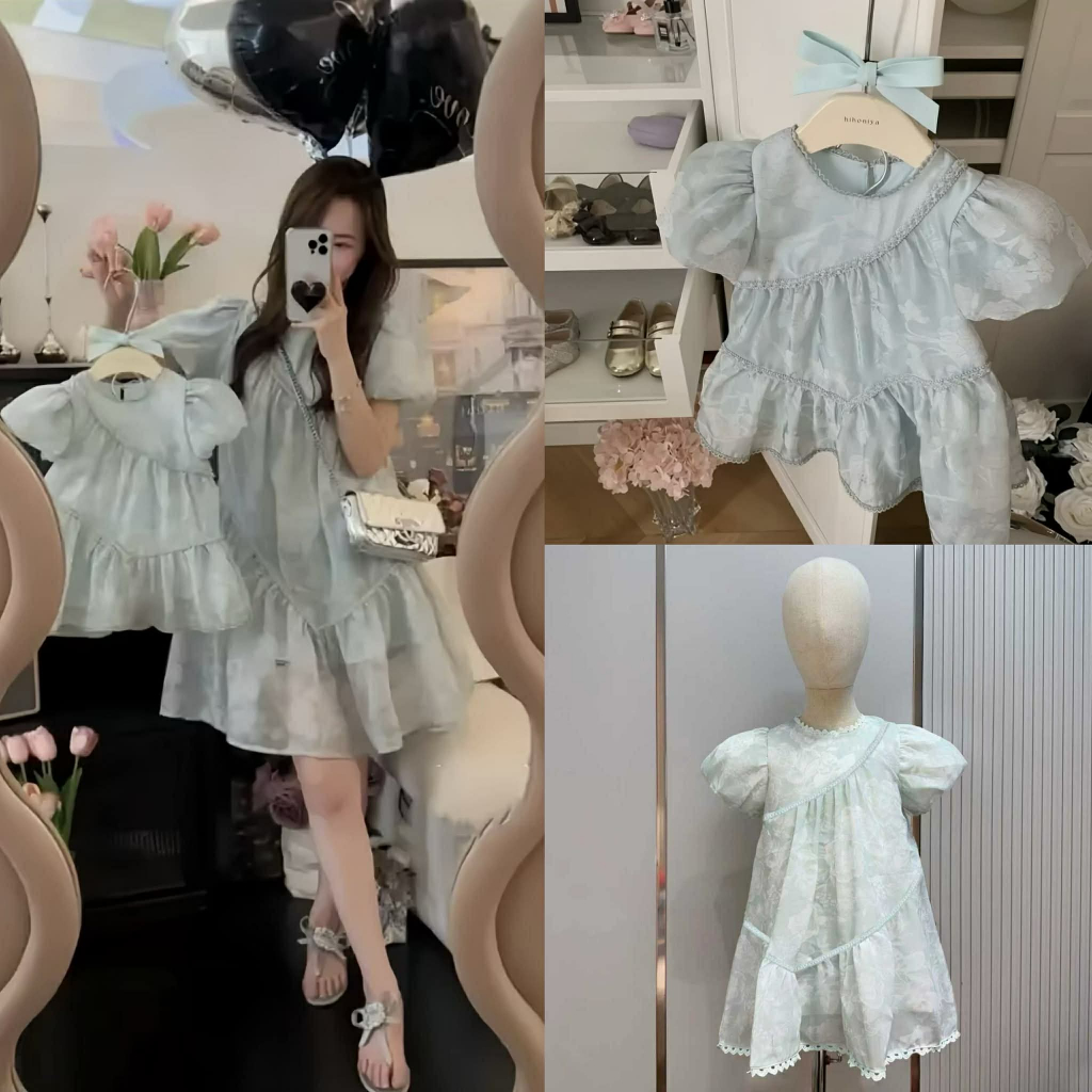 พร้อมส่ง ชุดคู่แม่ลูก BABY DOLL DRESS ผ้าชีฟอง 2 ชั้นมีซับใน ฟ้าหม่นเขียว