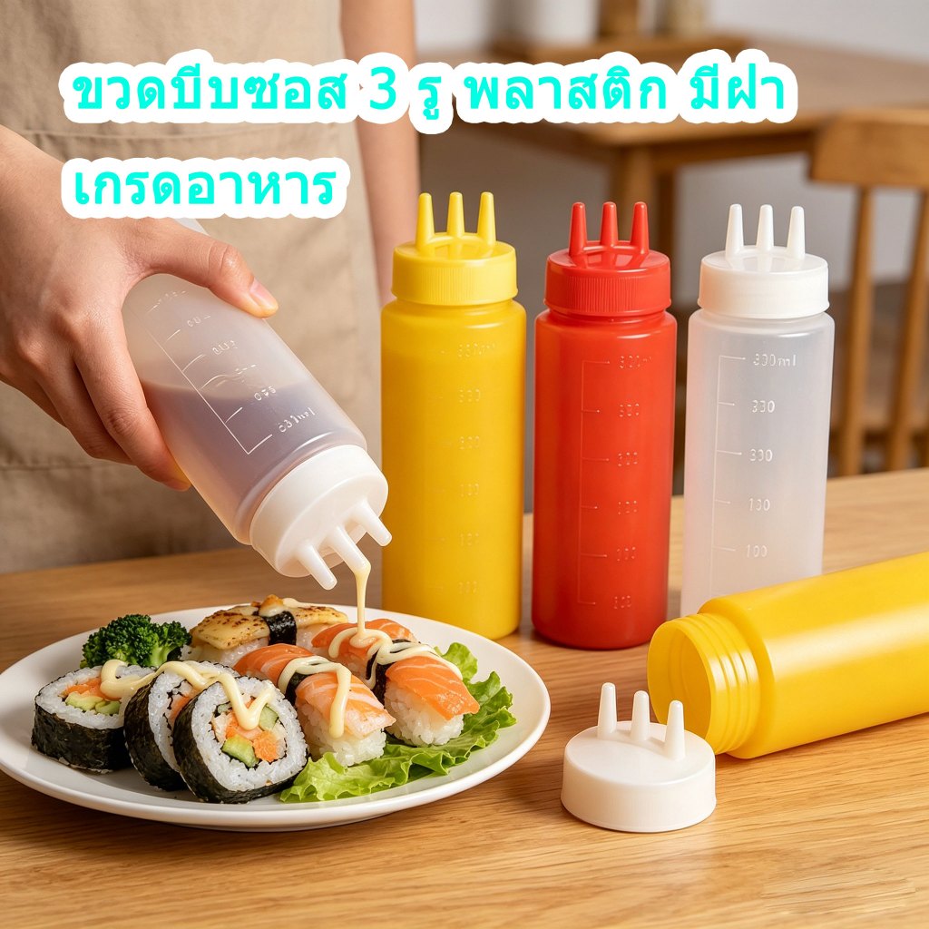 Hatix ขวดซอสพลาสติกขุ่นประเภทบีบ มีฝาปิดอเนกประสงค์ ใช้ได้ทุกซอส มีขนาด 300/350/400/500/650ML