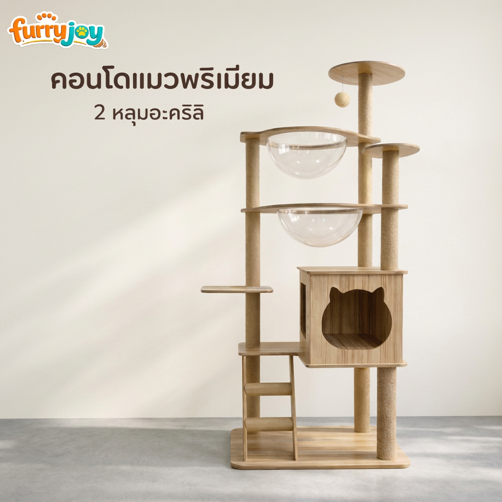 [FurryJoy]คอนโดแมวไม้แท้ รุ่น Luxury มินิมอล หลุมอวกาศคู่ เสาลับเล็บ แข็งแรง ทนทาน
