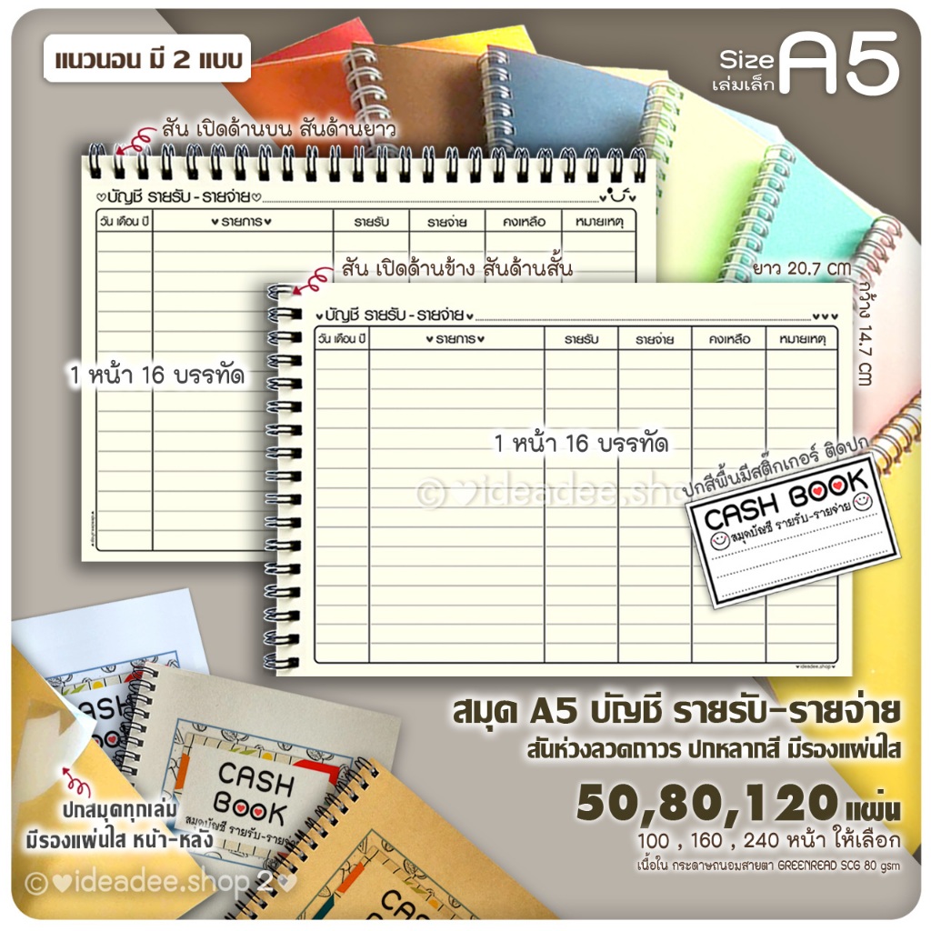 🔢สมุดบัญชี รายรับ-รายจ่าย A5(เล่มเล็ก) ตาราง--แนวนอน--มี 2 แบบ มี 50,80,120 แผ่น ปกหลากสีมีรองแผ่นใส