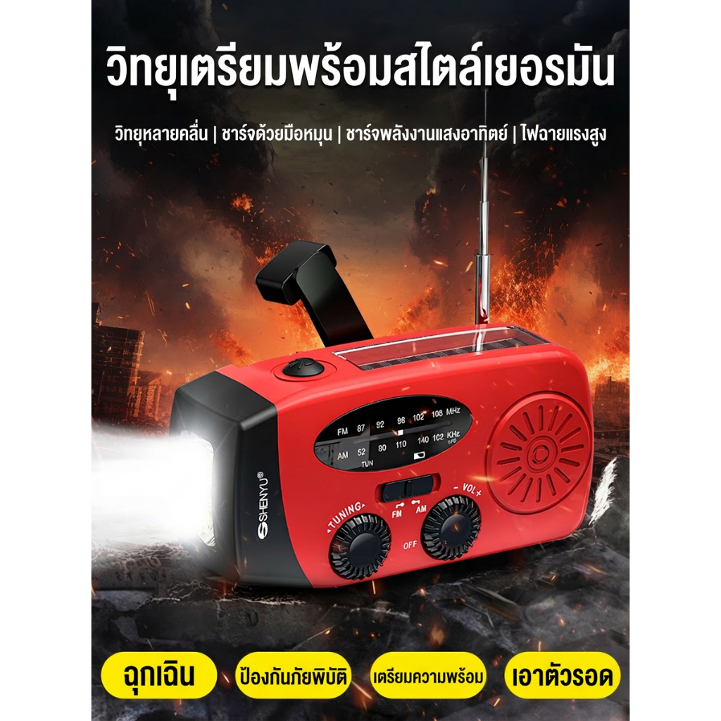 วิทยุมือหมุนแบบฉุกเฉินพร้อมไฟฉาย LED สำหรับวิทยุสภาพอากาศแบบพกพาสำหรับตั้งแคมป์กลางแจ้งวิทยุฉุกเฉิน