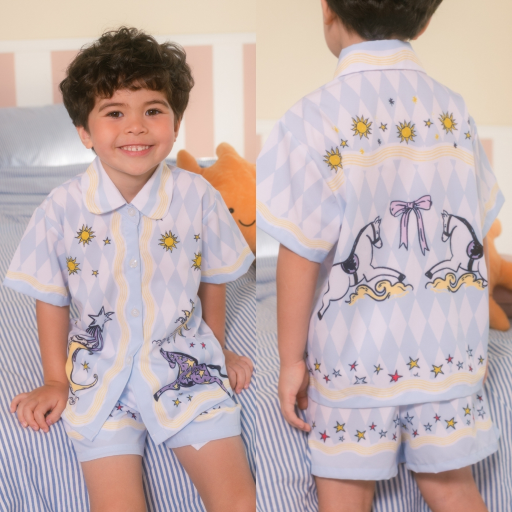 PIMNATTA Cho Set ชุดเซ็ตเด็กผู้ชายสีทูโทน (1-6 ขวบ) ผ้าพิมพ์ลายเอกลักษณ์แบรนด์ มีชุดแม่แมทช์กับลูก