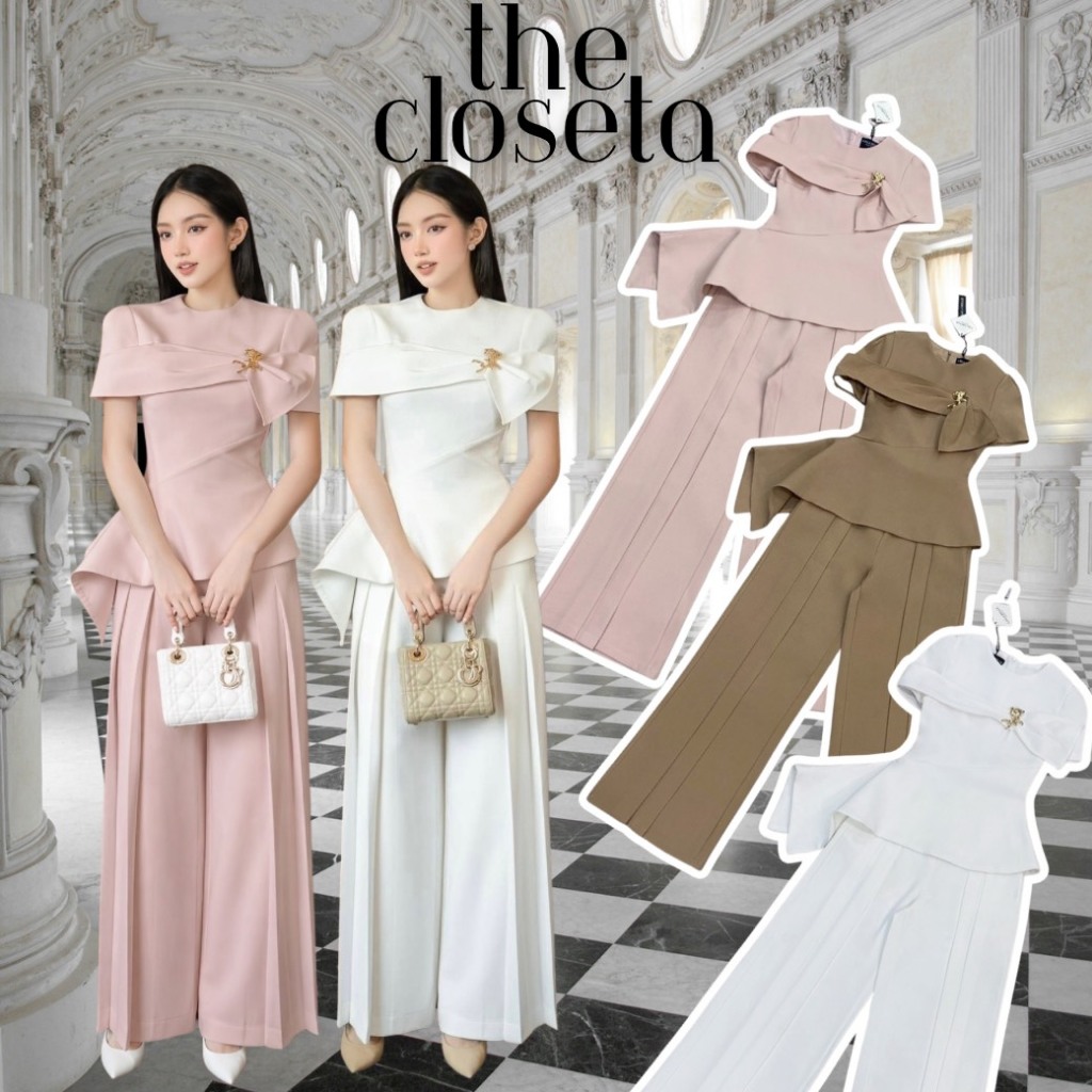 THE CLOSETA :LB615 ชุดเซ็ทเสื้อแขนสั้แต่งชายเสื้อระบายเฉียงแถมเข็มกลัดกุหลาบสีทอง กางเกงขายาวเข้าชุด