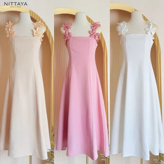 [NITTAYA] D2553 ชุดเดรสกระโปรงยาวสายเดี่ยวดีเทลแต่งดอกไม้ซิปซ่อนด้านหลัง เรียบหรูดูแพงเจ้าหญิงมากเวอร์ ใส่ออกงาน งานมงคล