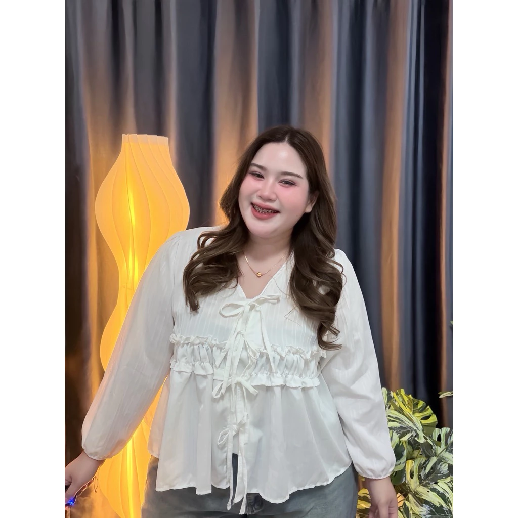 เสื้อพลัสไซส์ รุ่น ง65 Layer Blouse อกใหญ่ใส่ได้ เสื้อสาวอวบ ผูกโบว์ แขนยาว ทรงปล่อย ใส่สบาย ไม่รัด