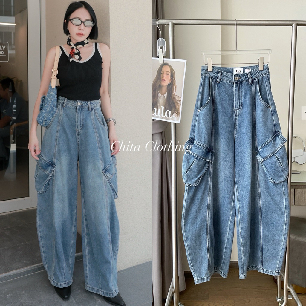 🇰🇷FSY🇰🇷 3591Cargo jeans กางเกงยีนส์คาร์โก้กระเป๋าข้างรุ่นใหม่ล่าสุด สวยเซอร์ๆเท่ห์ ทรงขาโค้งเก๋เท่ห์สุดๆ