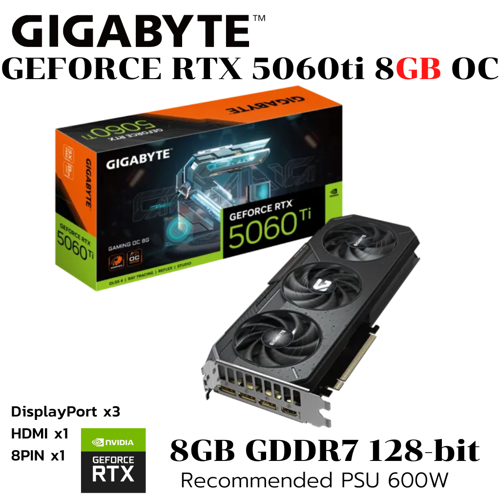 VGA (การ์ดแสดงผล) GIGABYTE GAMING RTX 5060 Ti GAMING OC 8GB OC GDDR7