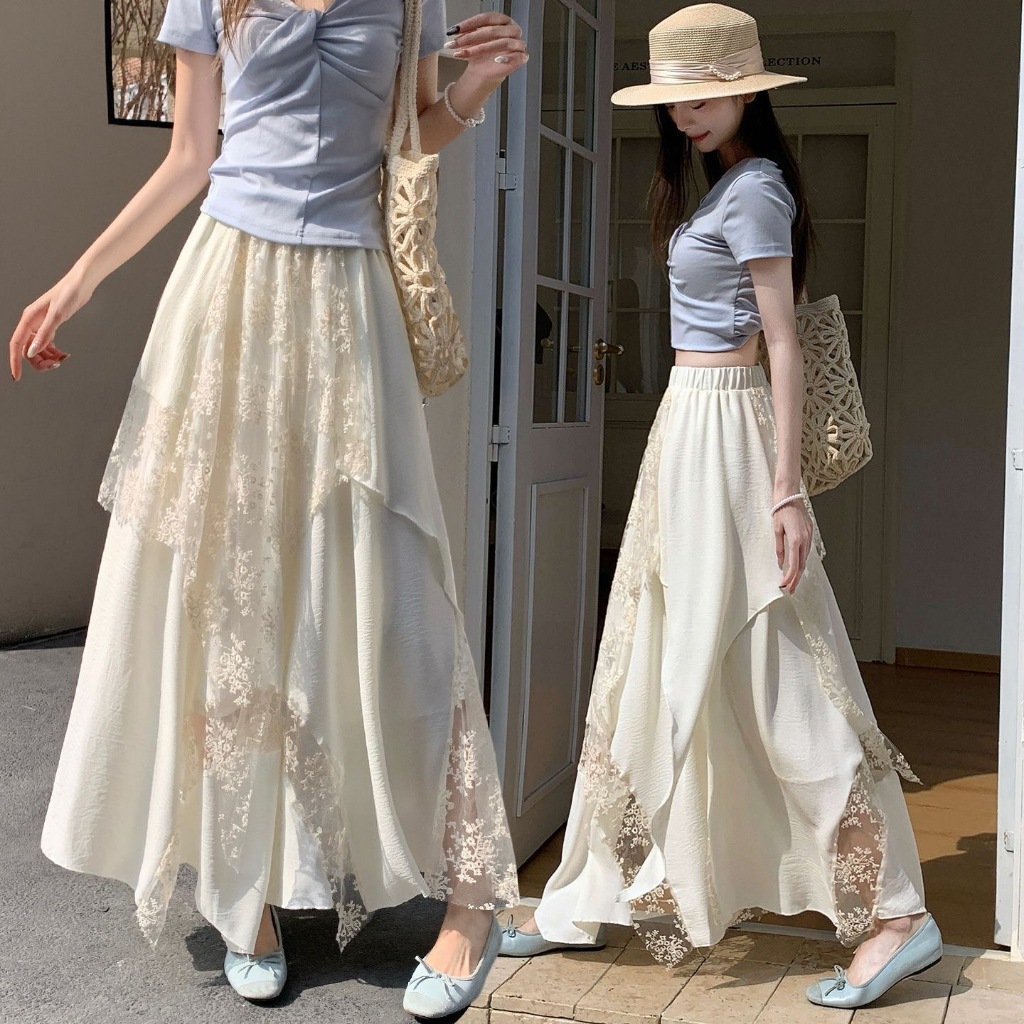 [Sheing office]🌟พร้อมส่ง🌟กระโปรงยาวผ้าตาข่ายลูกไม้สำหรับผู้หญิง ตกแต่งด้วยลูกไม้ ทรงเอไลน์ไม่สมมาตร ดีไซน์หลวมๆ