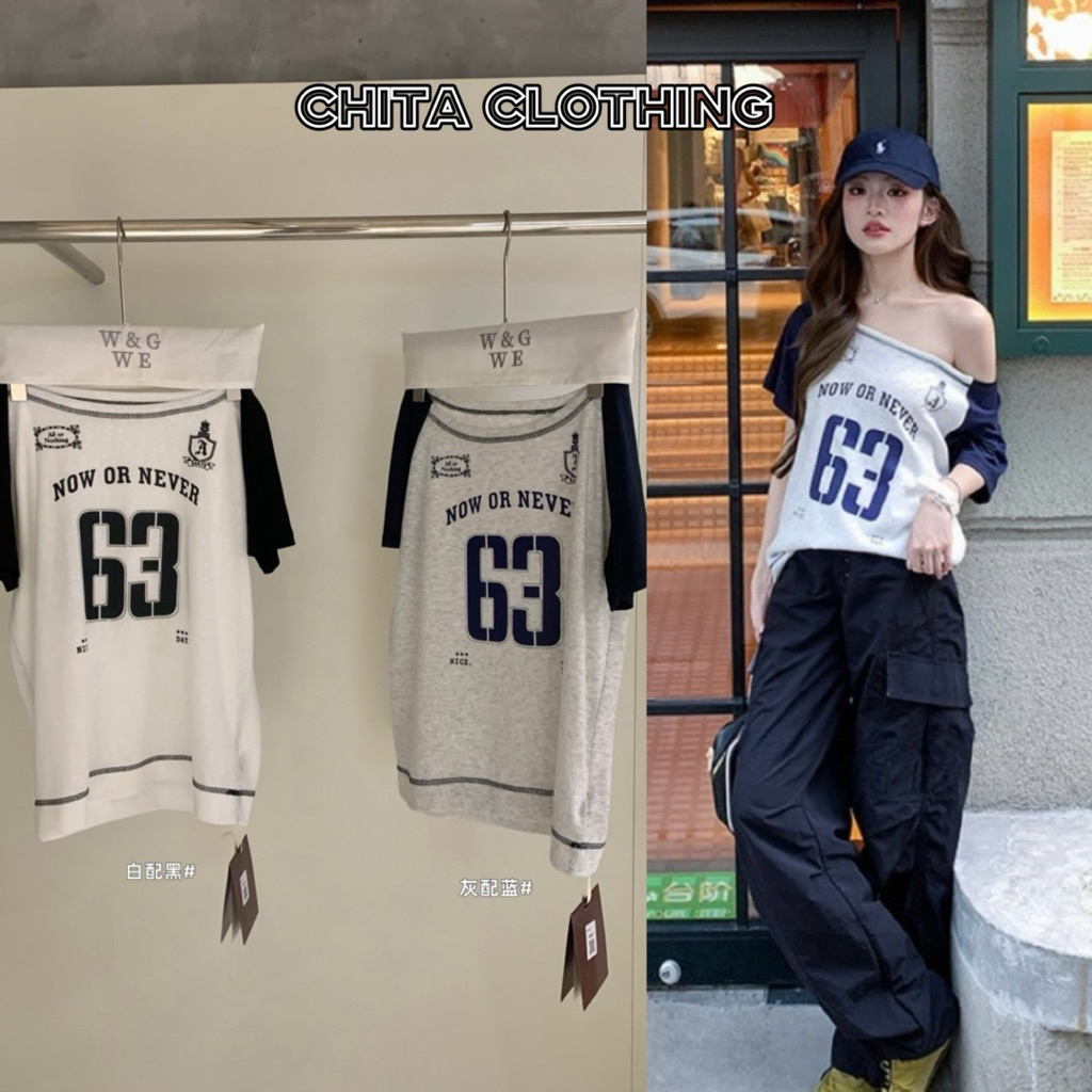 📍พร้อมส่ง📍9138 เสื้อคอกว้างแขนสั้น สกรีนลายช่วงอก เนื้อผ้าดี ใส่สบาย  TAG:WG.WE 🇰🇷