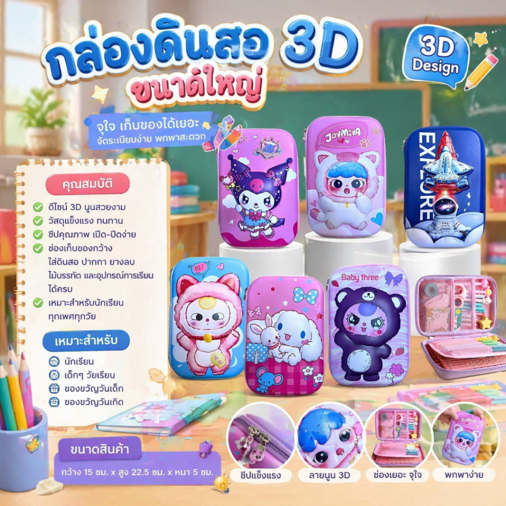 พร้อมส่ง กล่องดินสอ (ขนาดใหญ่) ลายนูน 3D เนื้อผ้า EVA ลายตัวการ์ตูนร์ ลายอเวนเจอร์  เหมาะกับเครื่องเขียน